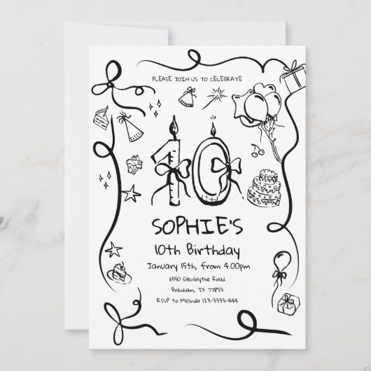 10e verjaardag uitnodiging, grillige 10e verjaarda kaart (Voorkant)