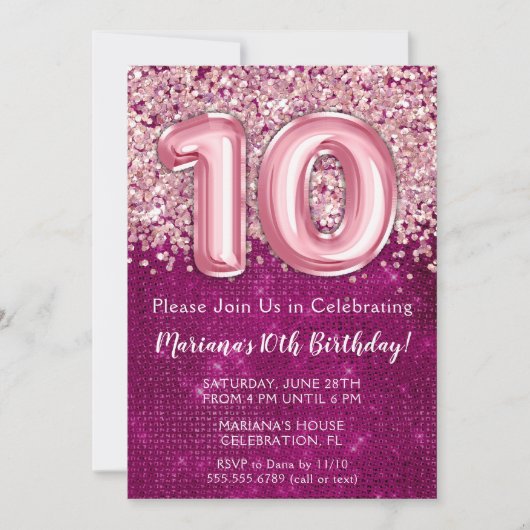 10e verjaardag uitnodiging magenta roze glitter (Voorkant)