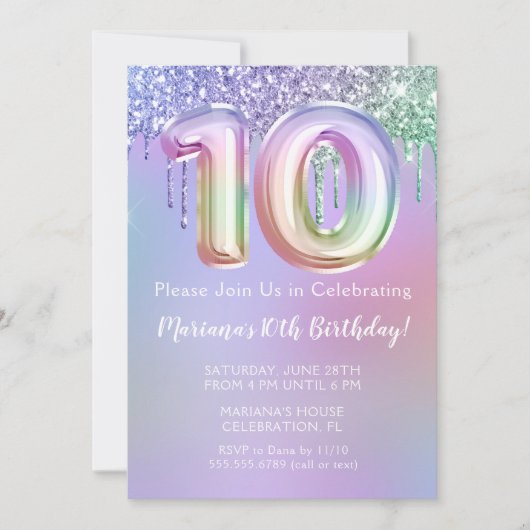 10e verjaardag Uitnodiging Paarse roze glitter (Voorkant)