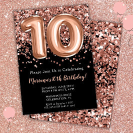 10e verjaardag Uitnodiging zwart Roos Gold Glitter