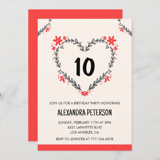 10e verjaardag uitnodigingen voor haar bloemenhart (Voorkant / Achterkant)