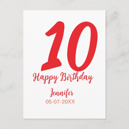 10e verjaardag voeg naam datum jaar rode sjabloon briefkaart (Voorkant)