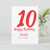 10e verjaardag voeg naam datum jaar rode sjabloon kaart (Staand voorkant)