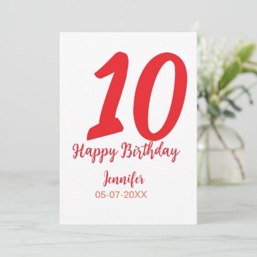 10e verjaardag voeg naam datum jaar rode sjabloon kaart (Staand voorkant)