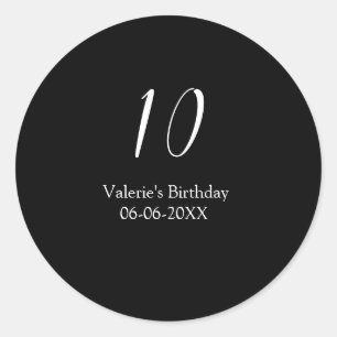 10e verjaardag wit zwart naam datum kalligrafie ronde sticker