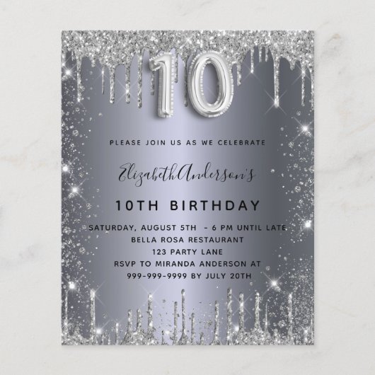 10e verjaardag zilveren glitter budgetuitnodiging flyer (Voorkant)