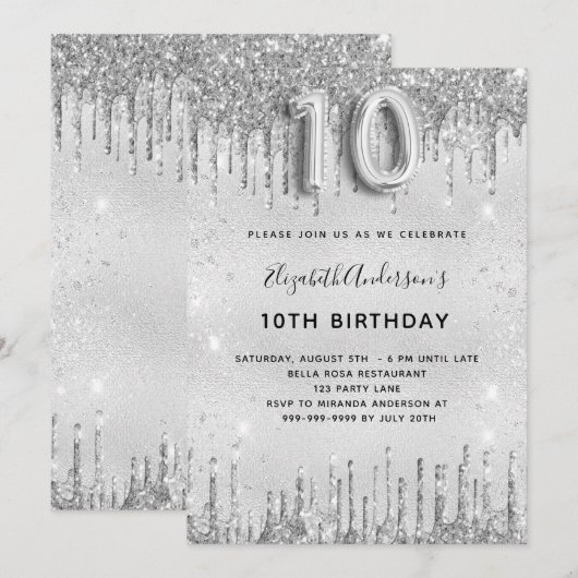 10e verjaardag zilveren glitter glamoureus meisje kaart (Voorkant / Achterkant)