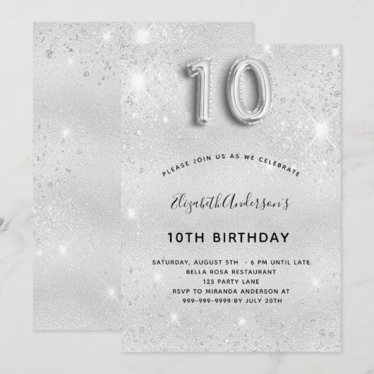 10e verjaardag zilveren glitter kaart (Voorkant / Achterkant)