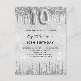 10e verjaardag zilveren glitter meisje uitnodiging briefkaart