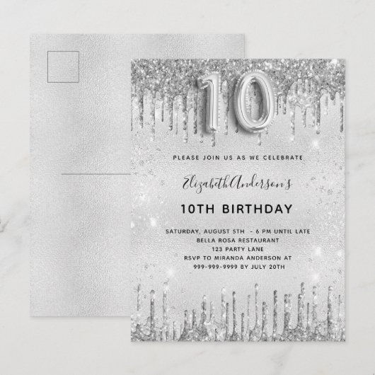 10e verjaardag zilveren glitter meisje uitnodiging briefkaart (Voorkant / Achterkant)