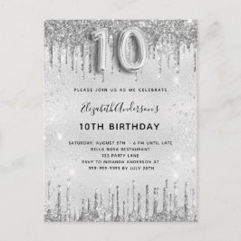 10e verjaardag zilveren glitter meisje uitnodiging briefkaart