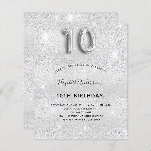 10e verjaardag zilveren glitter uitnodiging (Voorkant / Achterkant)