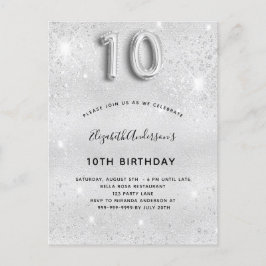 10e verjaardag zilveren glitter uitnodiging briefkaart