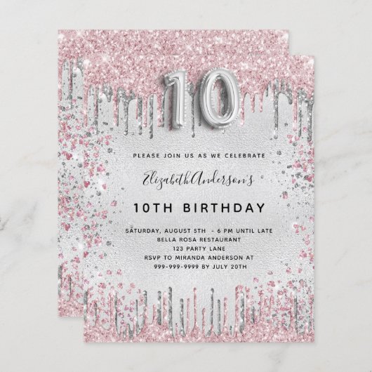 10e verjaardag zilveren roze glitter uitnodiging (Voorkant / Achterkant)
