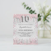 10e verjaardag zilveren roze glitter uitnodiging (Staand voorkant)