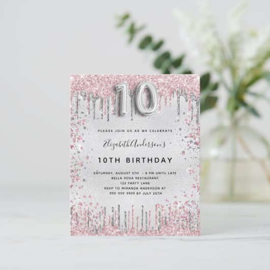 10e verjaardag zilveren roze glitter uitnodiging (Staand voorkant)