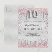 10e verjaardag zilverroze metalen glitterstof uitnodiging briefkaart (Voorkant / Achterkant)