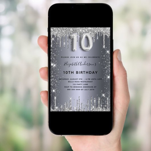 10e verjaardag zilvervormig glitterstof kaart