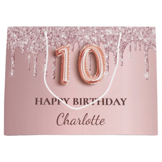 10e verjaardag zwart roze glitter druppelt naam op groot cadeauzakje (Voorkant)