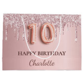 10e verjaardag zwart roze glitter druppelt naam op groot cadeauzakje (Achterkant)