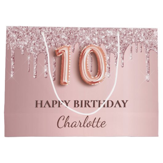 10e verjaardag zwart roze glitter druppelt naam op groot cadeauzakje (Achterkant)