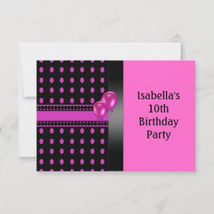 10e verjaardag Zwart Roze Stippen Patroon & Ballon Kaart