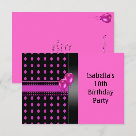 10e verjaardag - Zwarte roze spots patroon & ballo Kaart (Voorkant / Achterkant)