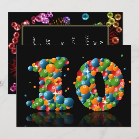 10e verjaardagsfeest, met bubbels en ballen kaart (Voorkant / Achterkant)