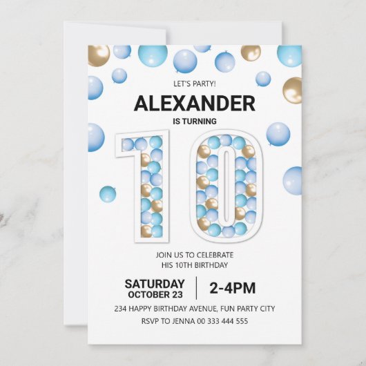 10e Verjaardagsfeestje, Blauw en Gouden Ballon Jon Kaart (Voorkant)