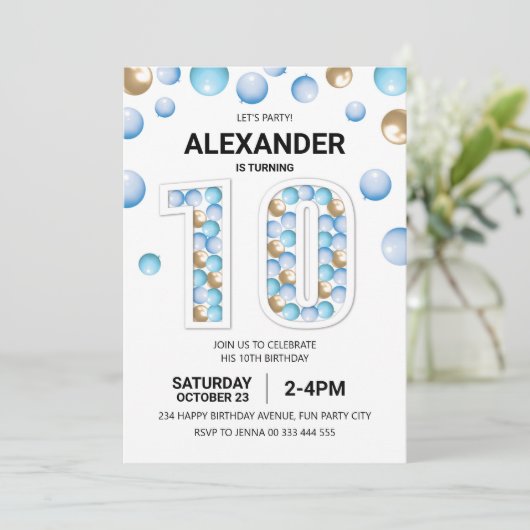 10e Verjaardagsfeestje, Blauw en Gouden Ballon Jon Kaart (Staand voorkant)