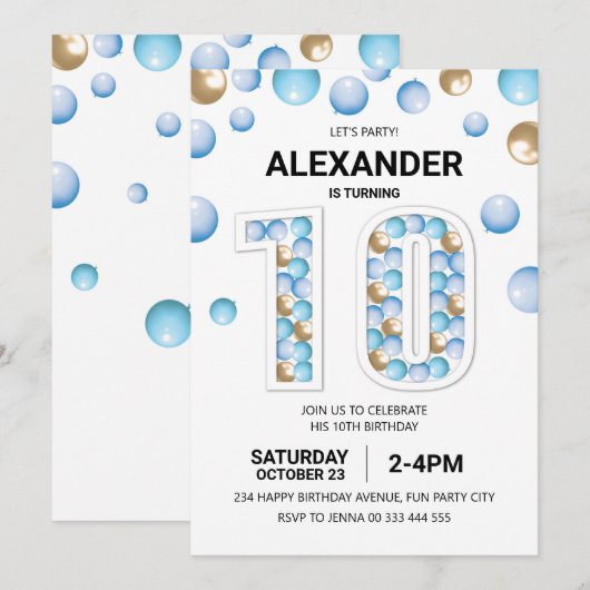 10e Verjaardagsfeestje, Blauw en Gouden Ballon Jon Kaart (Voorkant / Achterkant)