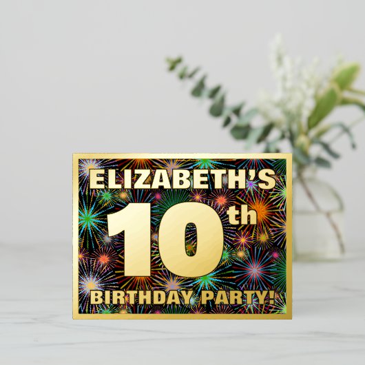 10e verjaardagsfeestje: Krachtige, Kleurrijke Vuur Folie Uitnodiging Briefkaart (Staand Voorkant)