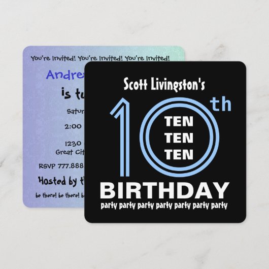 10e Verjaardagsfeestje Modern Blauw en Zwart B451A Kaart (Voorkant / Achterkant)