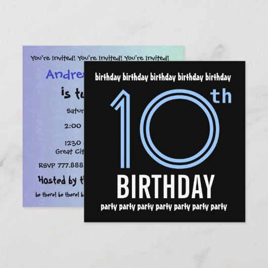 10e Verjaardagsfeestje Modern Blauw en Zwart W689 Kaart (Voorkant / Achterkant)