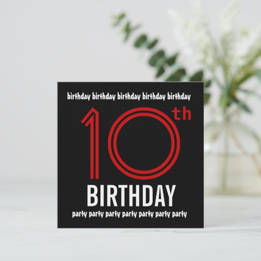 10e Verjaardagsfeestje Modern Rood en Zwart Kaart (Staand voorkant)
