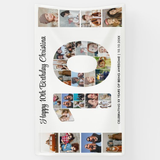 10e verjaardagsfeestje nummer 10 fotocollage spandoek (Verticaal)