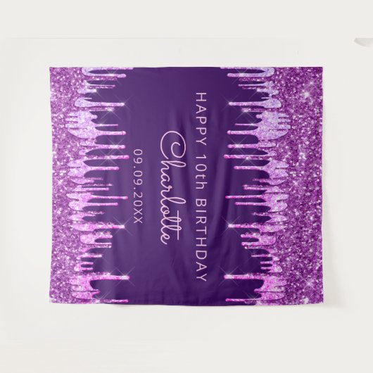 10e verjaardagsfeestje paarse roze glitterschuine  wandkleed (Voorkant (horizontaal))
