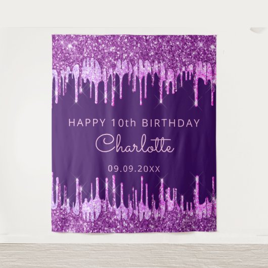 10e verjaardagsfeestje paarse roze glittersprinkel wandkleed (Voorkant)