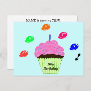 10e verjaardagsfeestje Snoep Bits Cupcake Invitati Kaart