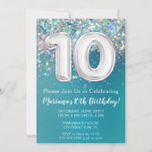 10e verjaardagsuitnodiging Blauwgroen zilveren gli Kaart (Voorkant)