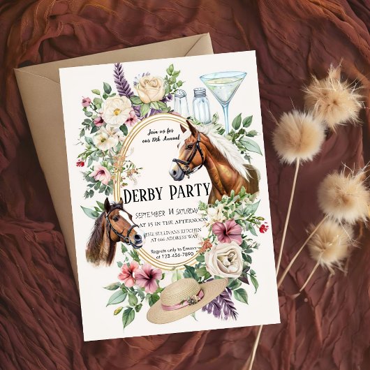 10th Annual Derby Party Invitation with Floral and Kaart