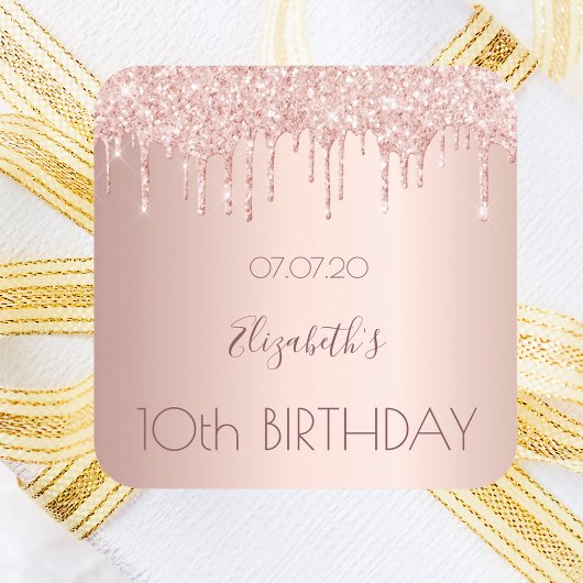 10th Birthday Blush roos Gold Drips Naam Vierkante Sticker