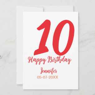 10th Birthday Naam toevoegen Datum Jaar Rode sjabl Feestdagenkaart