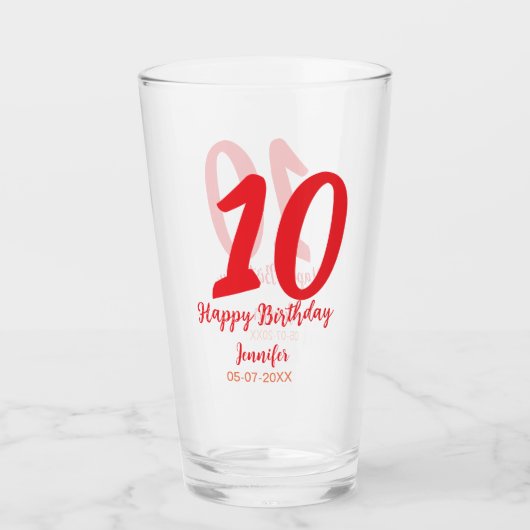 10th Birthday Naam toevoegen Datum Jaar Rode sjabl Glas (Voorkant)