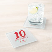 10th Birthday Naam toevoegen Datum Jaar Rode sjabl Glazen Onderzetter (Schuin)