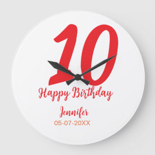 10th Birthday Naam toevoegen Datum Jaar Rode sjabl Grote Klok