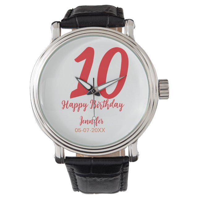 10th Birthday Naam toevoegen Datum Jaar Rode sjabl Horloge (Voorkant)