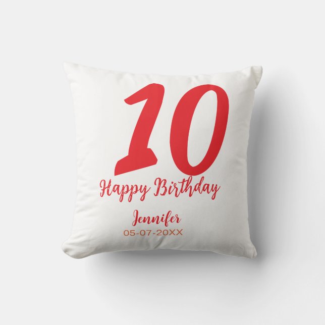 10th Birthday Naam toevoegen Datum Jaar Rode sjabl Kussen (Voorkant)