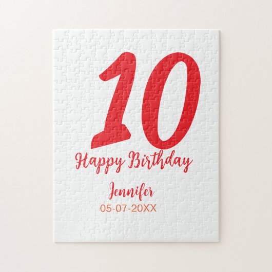 10th Birthday Naam toevoegen Datum Jaar Rode sjabl Legpuzzel (Verticaal)