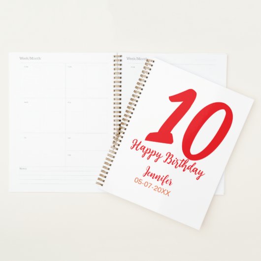 10th Birthday Naam toevoegen Datum Jaar Rode sjabl Planner (Display)